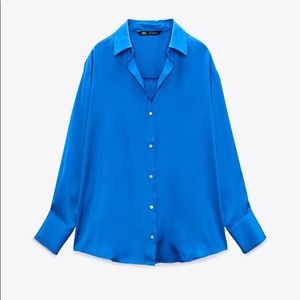 NWT Zara satin blue button up blouse. Size XS